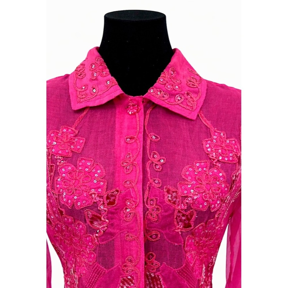 Sandy Starkman Womens Button Up Sheer Blouse Large Pink Embroidered Applique - Picture 3 of 16
